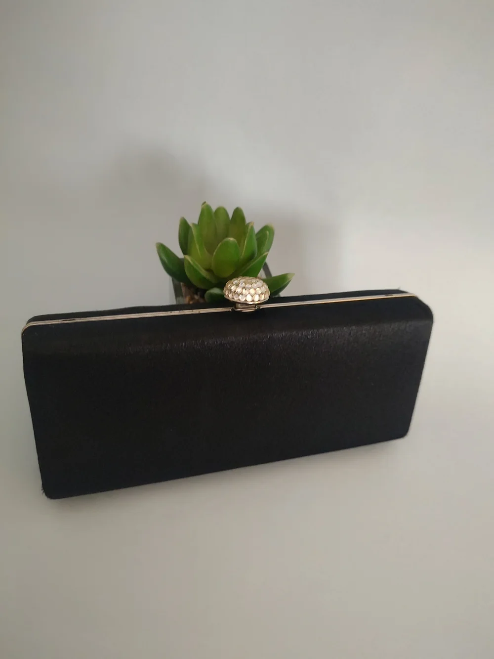 Black Satin Evening Clutch with Jewel Accent